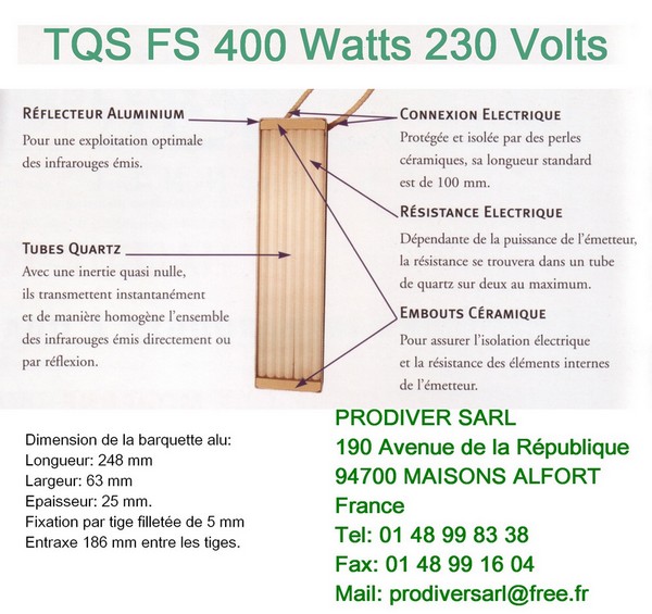 TQS FS400 Elment Radiant Infrarouge Quartz 230V