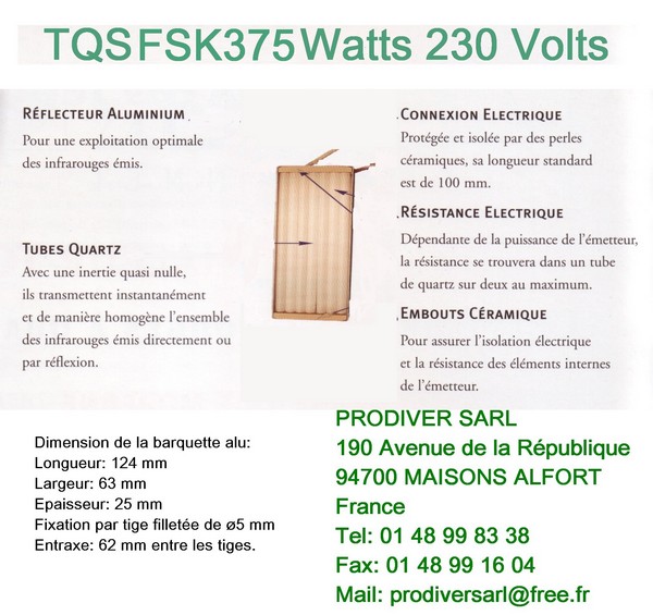 TQS FSK375 Elment Radiant Infrarouge Quartz 230V